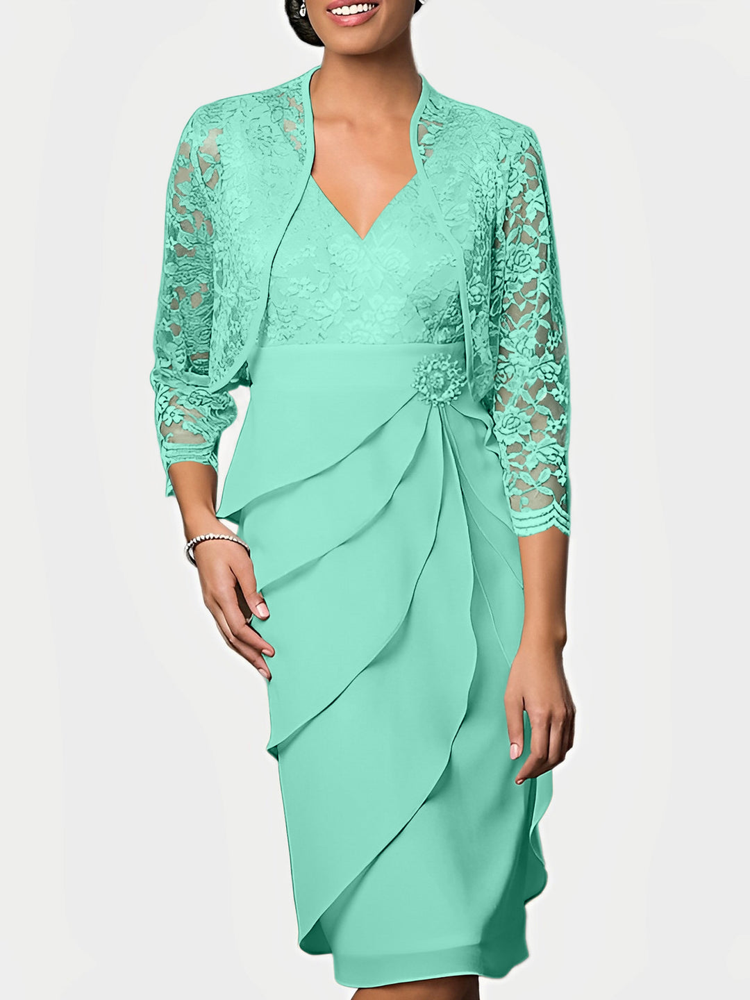 Sheath/Column V-Neck Knee-Length Mother of the Bride Dresses Aqua Blue Sheath/Column V-Neck Knee-Length Mother of the Bride Dresses Aqua Blue