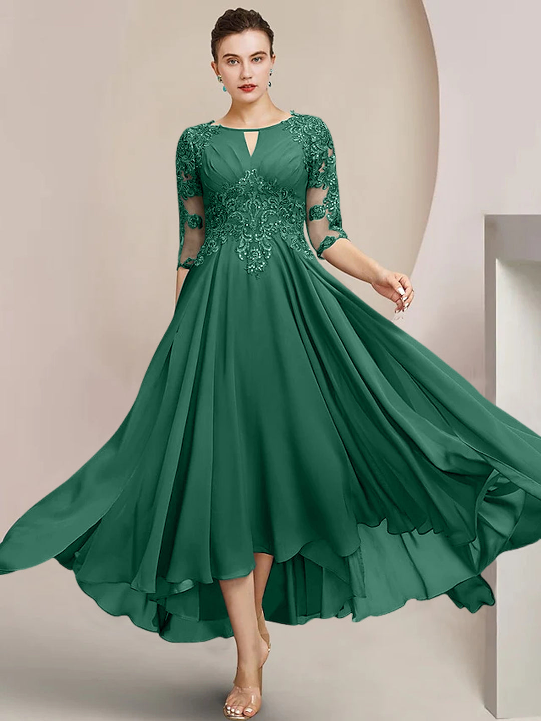 A-Line/Princess Scoop Tea-Length Mother of the Bride Dresses Dark Green