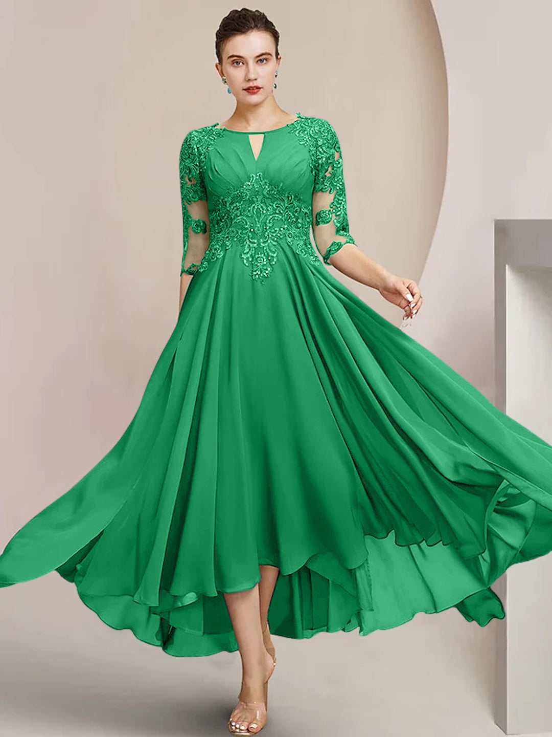 A-Line/Princess Scoop Tea-Length Mother of the Bride Dresses Dark Green