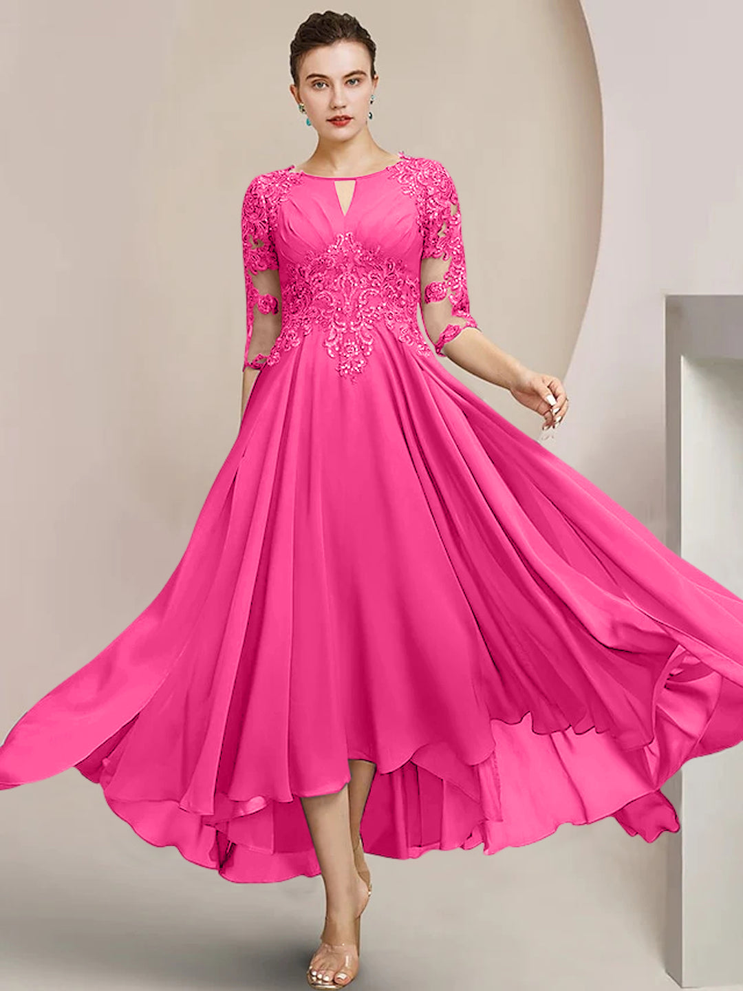 A-Line/Princess Scoop Tea-Length Mother of the Bride Dresses Fuchsia