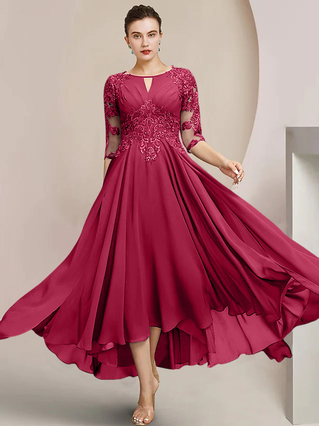 A-Line/Princess Scoop Tea-Length Mother of the Bride Dresses Fuchsia Pink