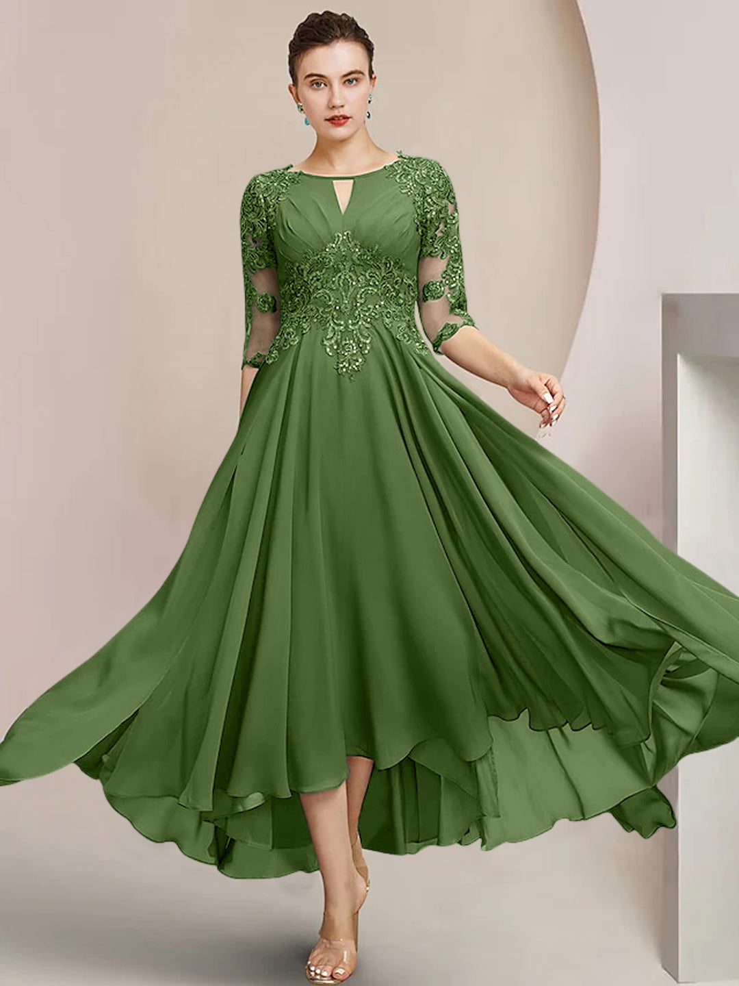 A-Line/Princess Scoop Tea-Length Mother of the Bride Dresses - Mondressy A-Line/Princess Scoop Tea-Length Mother of the Bride Dresses - Mondressy