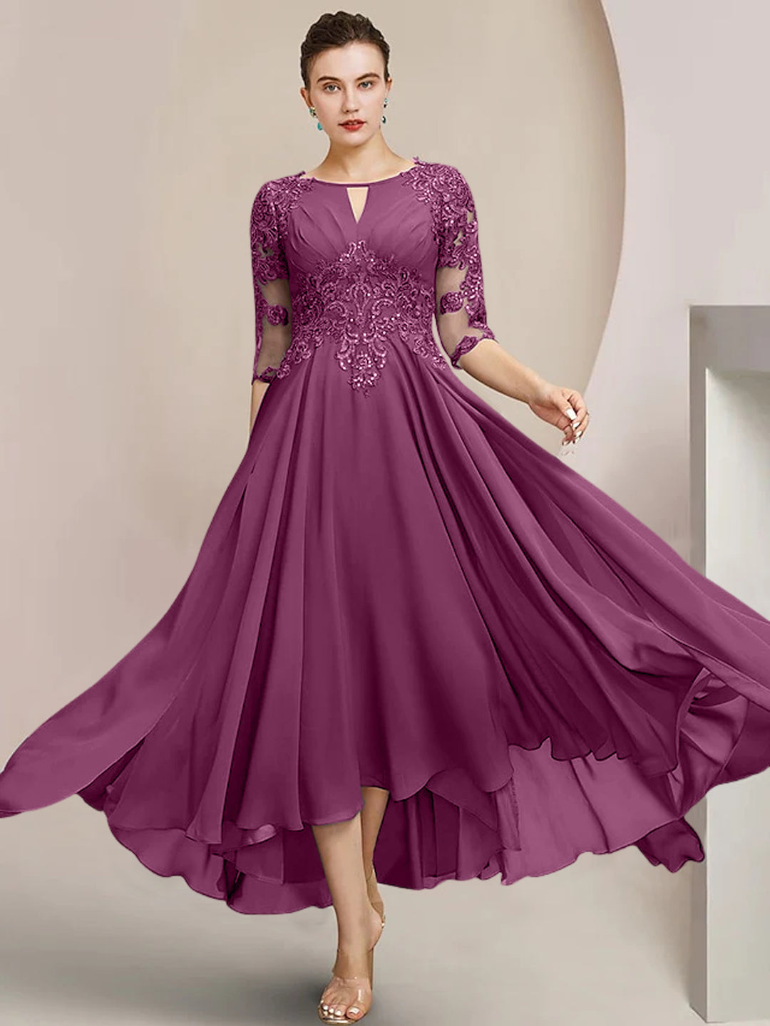 A-Line/Princess Scoop Tea-Length Mother of the Bride Dresses Orchid