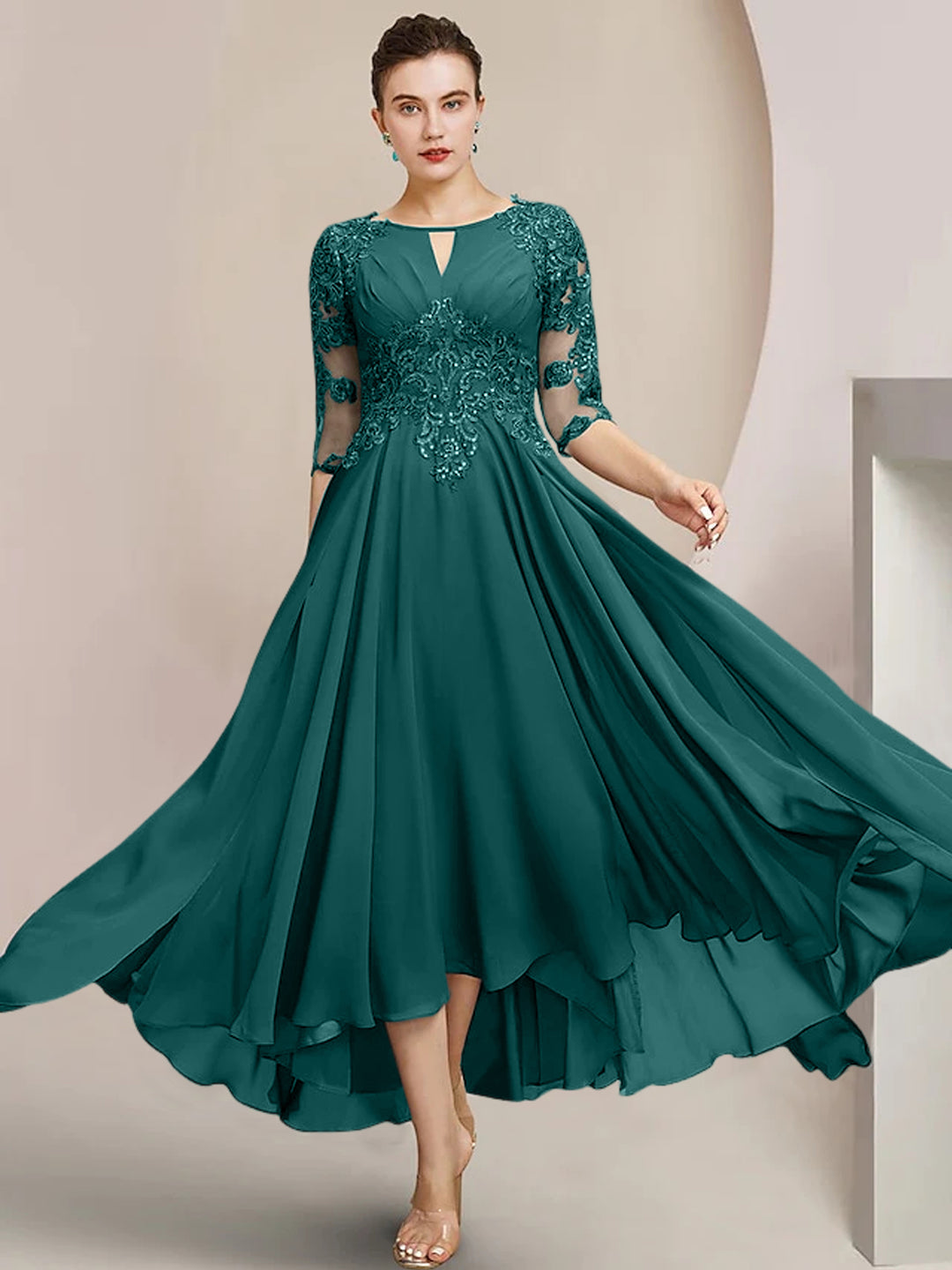 A-Line/Princess Scoop Tea-Length Mother of the Bride Dresses Teal