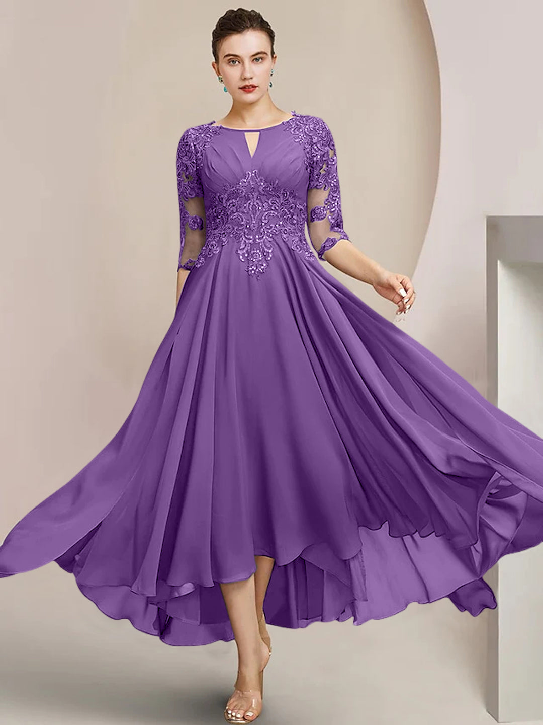 A-Line/Princess Scoop Tea-Length Mother of the Bride Dresses Light Purple
