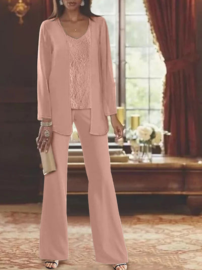 2 Pieces V-Neck Ruched Flutter Sleeves Floor-Length Beading Mother of the Bride Pantsuits main image 1