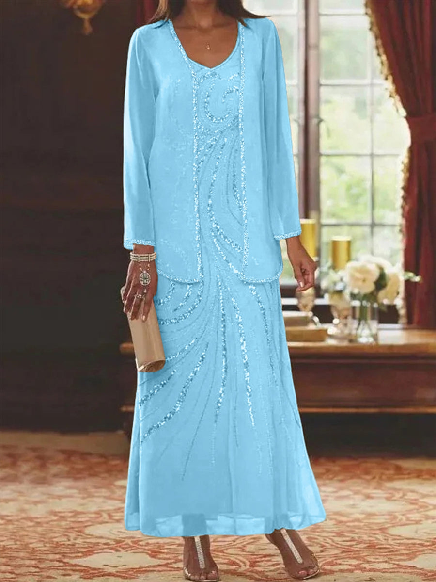 Sheath/Column V-Neck Ankle-Length Mother of the Bride Dresses with Jacket & Sequins