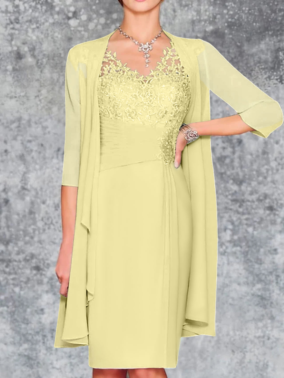 Sheath/Column V-Neck Knee-Length Mother of the Bride Dresses Canary Sheath/Column V-Neck Knee-Length Mother of the Bride Dresses Canary
