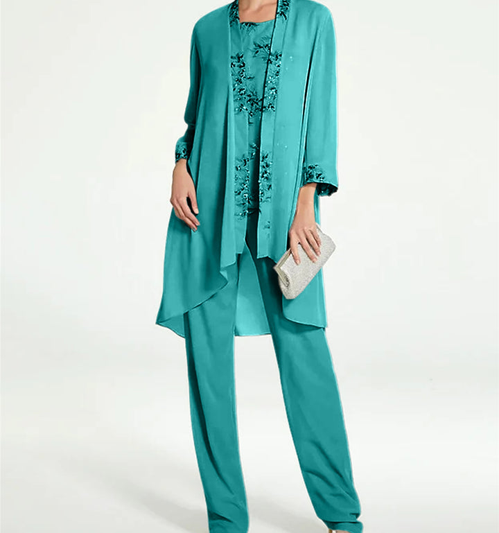 3 Pieces Square Collar Chiffon Mother of the Bride Pantsuits with Jacket Overskirt Lace Floor-Length Long Sleeves