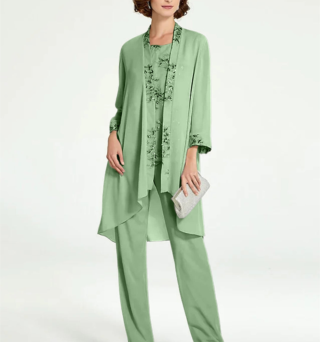 3 Pieces Suit Scoop Chiffon Mother of the Bride Pantsuits with Jacket 3/4 Sleeves Lace Ankle-Length