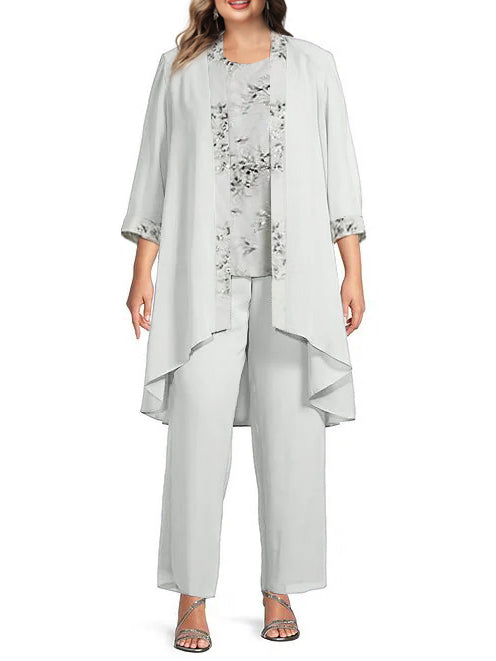 Chiffon Round Neck Floor-Length Mother of the Bride Pantsuits with Jacket