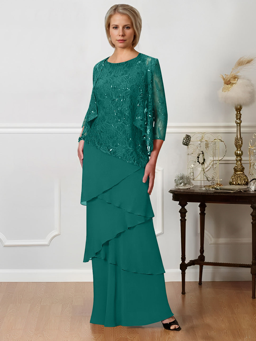 A-Line/Princess Jewel Neck Floor-Length Mother of the Bride Dresses - Mondressy A-Line/Princess Jewel Neck Floor-Length Mother of the Bride Dresses - Mondressy