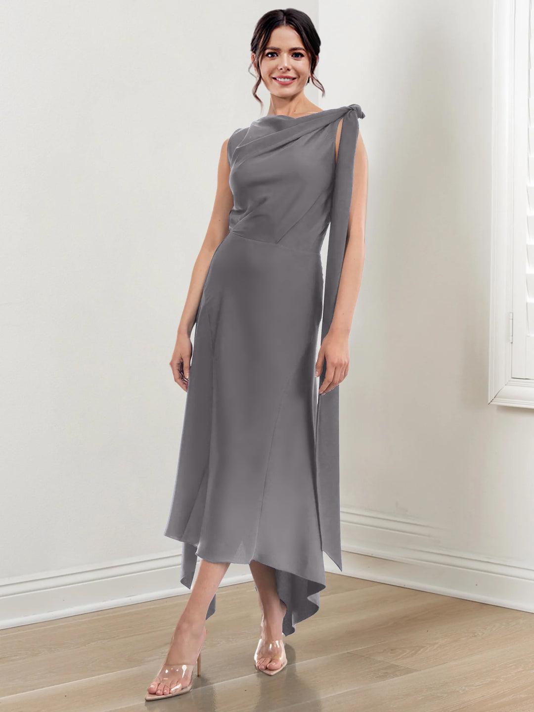 silver mother of the bride dresses tea length Modern Silver Lace & Satin Bride Mother Dress with Jacket