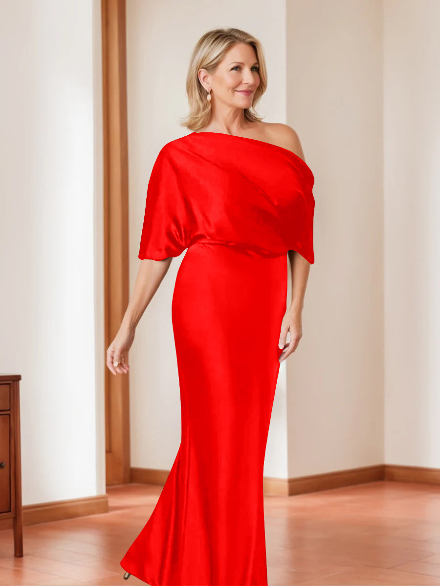 Sheath/Column One-Shoulder 1/2 Sleeves Elegant Plus Size Mother of the Bride Dresses Dark Red