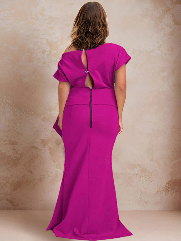 Trumpet/Mermaid One-Shoulder Short Sleeves Floor-Length Plus Size Mother of the Bride Dresses with Ruffles & Split Side