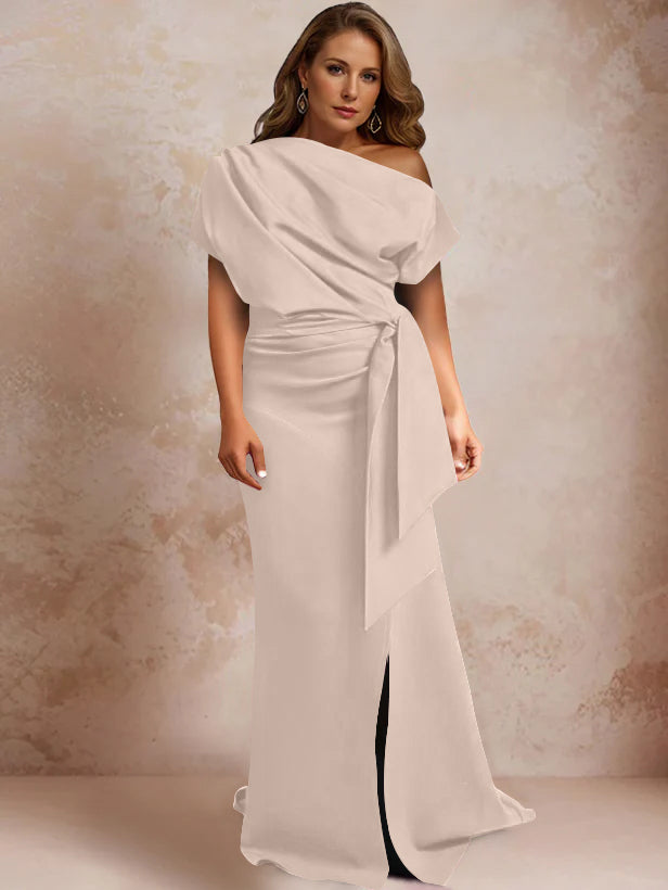 Trumpet/Mermaid One-Shoulder Short Sleeves Floor-Length Plus Size Mother of the Bride Dresses with Ruffles & Split Side