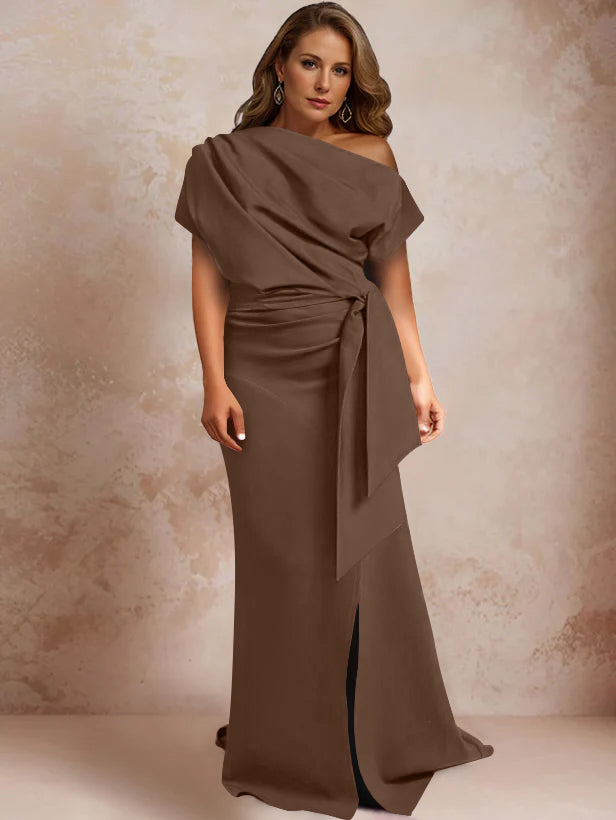 Trumpet/Mermaid One-Shoulder Short Sleeves Floor-Length Plus Size Mother of the Bride Dresses with Ruffles & Split Side