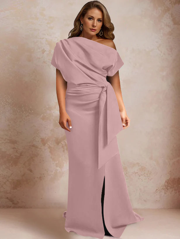 Trumpet/Mermaid One-Shoulder Short Sleeves Floor-Length Plus Size Mother of the Bride Dresses with Ruffles & Split Side