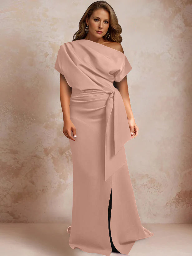 Trumpet/Mermaid One-Shoulder Short Sleeves Floor-Length Plus Size Mother of the Bride Dresses with Ruffles & Split Side