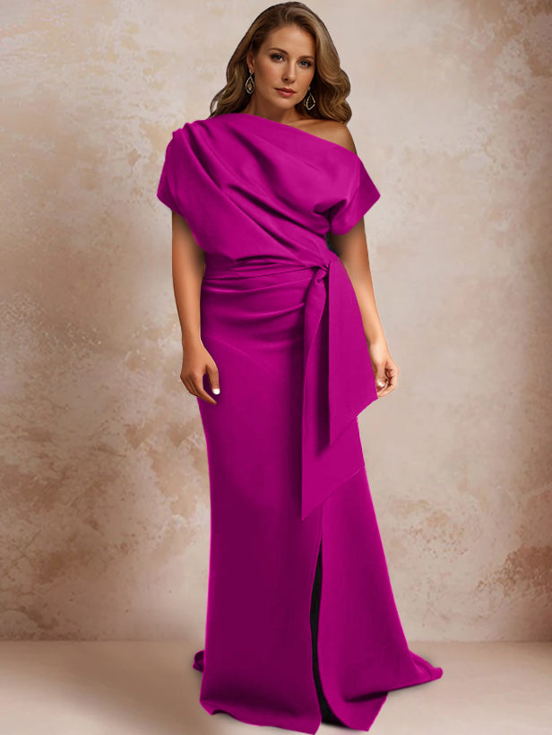 Trumpet/Mermaid One-Shoulder Short Sleeves Floor-Length Mother of the Bride Dresses with Ruffles & Split Side