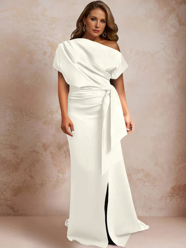 Trumpet/Mermaid One-Shoulder Short Sleeves Floor-Length Plus Size Mother of the Bride Dresses with Ruffles & Split Side