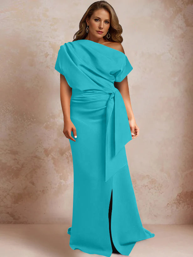 Trumpet/Mermaid One-Shoulder Short Sleeves Floor-Length Plus Size Mother of the Bride Dresses with Ruffles & Split Side