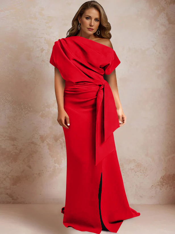 Trumpet/Mermaid One-Shoulder Short Sleeves Floor-Length Plus Size Mother of the Bride Dresses with Ruffles & Split Side