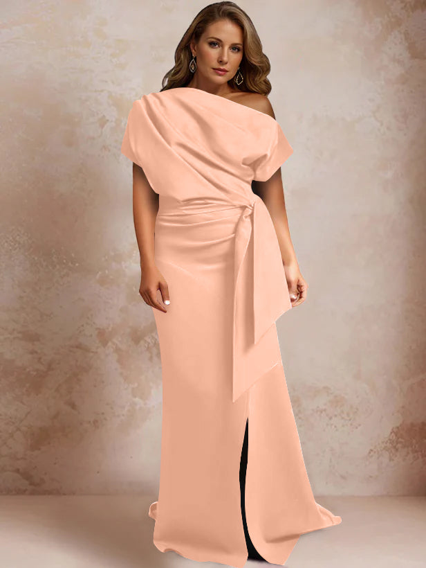 Trumpet/Mermaid One-Shoulder Short Sleeves Floor-Length Plus Size Mother of the Bride Dresses with Ruffles & Split Side