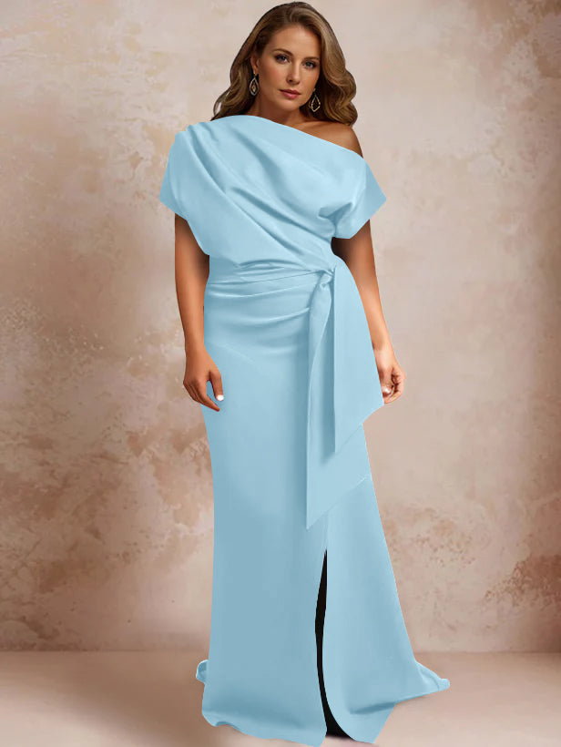 Trumpet/Mermaid One-Shoulder Short Sleeves Floor-Length Plus Size Mother of the Bride Dresses with Ruffles & Split Side