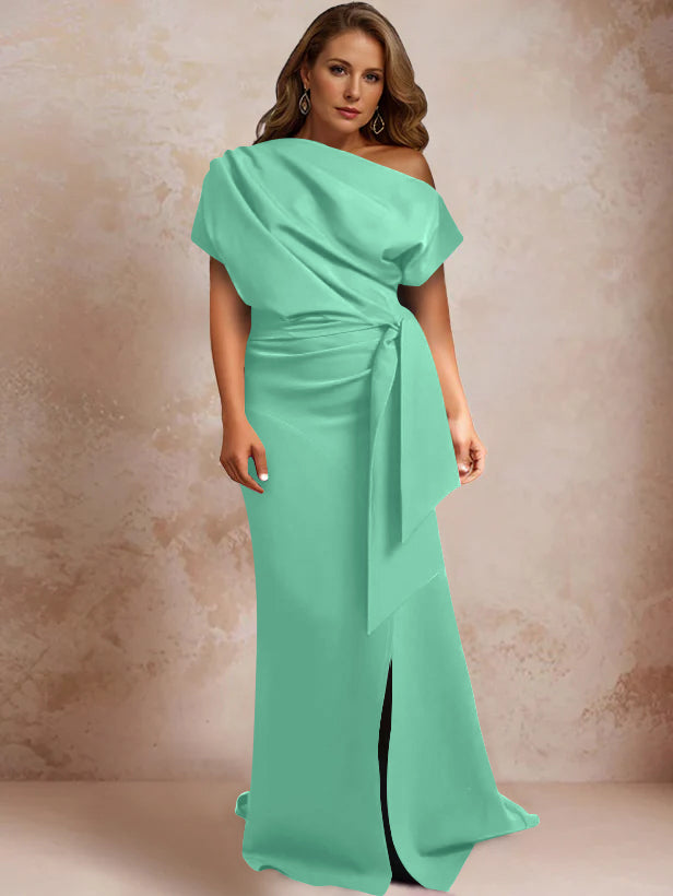 Trumpet/Mermaid One-Shoulder Short Sleeves Floor-Length Plus Size Mother of the Bride Dresses with Ruffles & Split Side