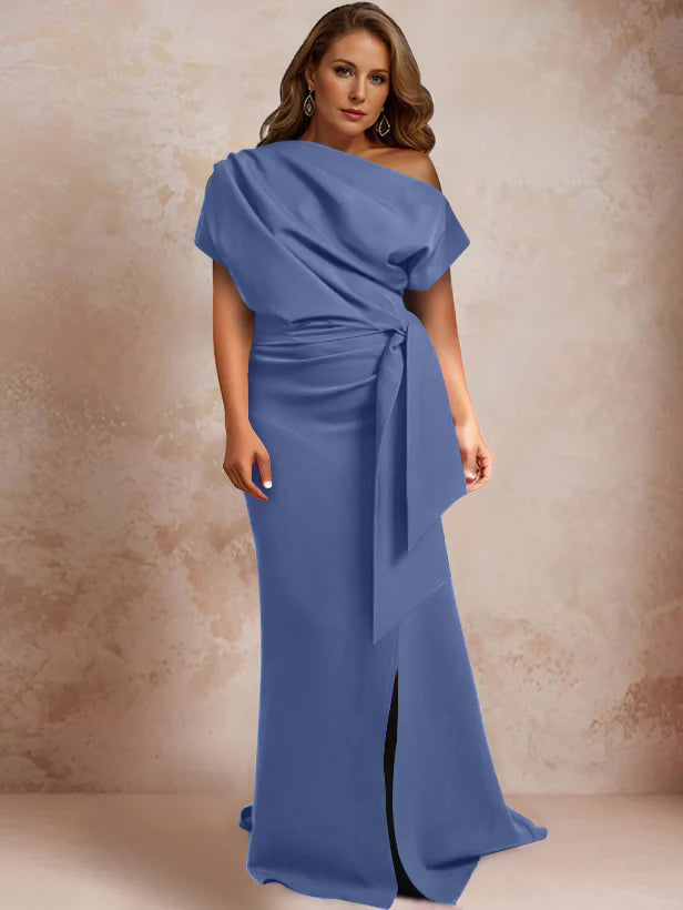 Trumpet/Mermaid One-Shoulder Short Sleeves Floor-Length Plus Size Mother of the Bride Dresses with Ruffles & Split Side