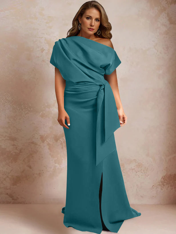 Trumpet/Mermaid One-Shoulder Short Sleeves Floor-Length Plus Size Mother of the Bride Dresses with Ruffles & Split Side