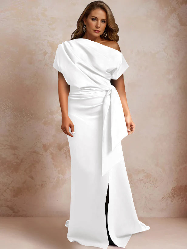 Trumpet/Mermaid One-Shoulder Short Sleeves Floor-Length Plus Size Mother of the Bride Dresses with Ruffles & Split Side