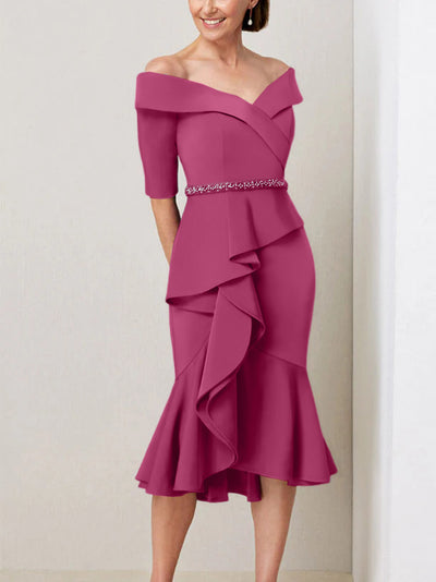 Fuchsia V-Neck Half Sleeves Midi Mother of the Bride Dress
