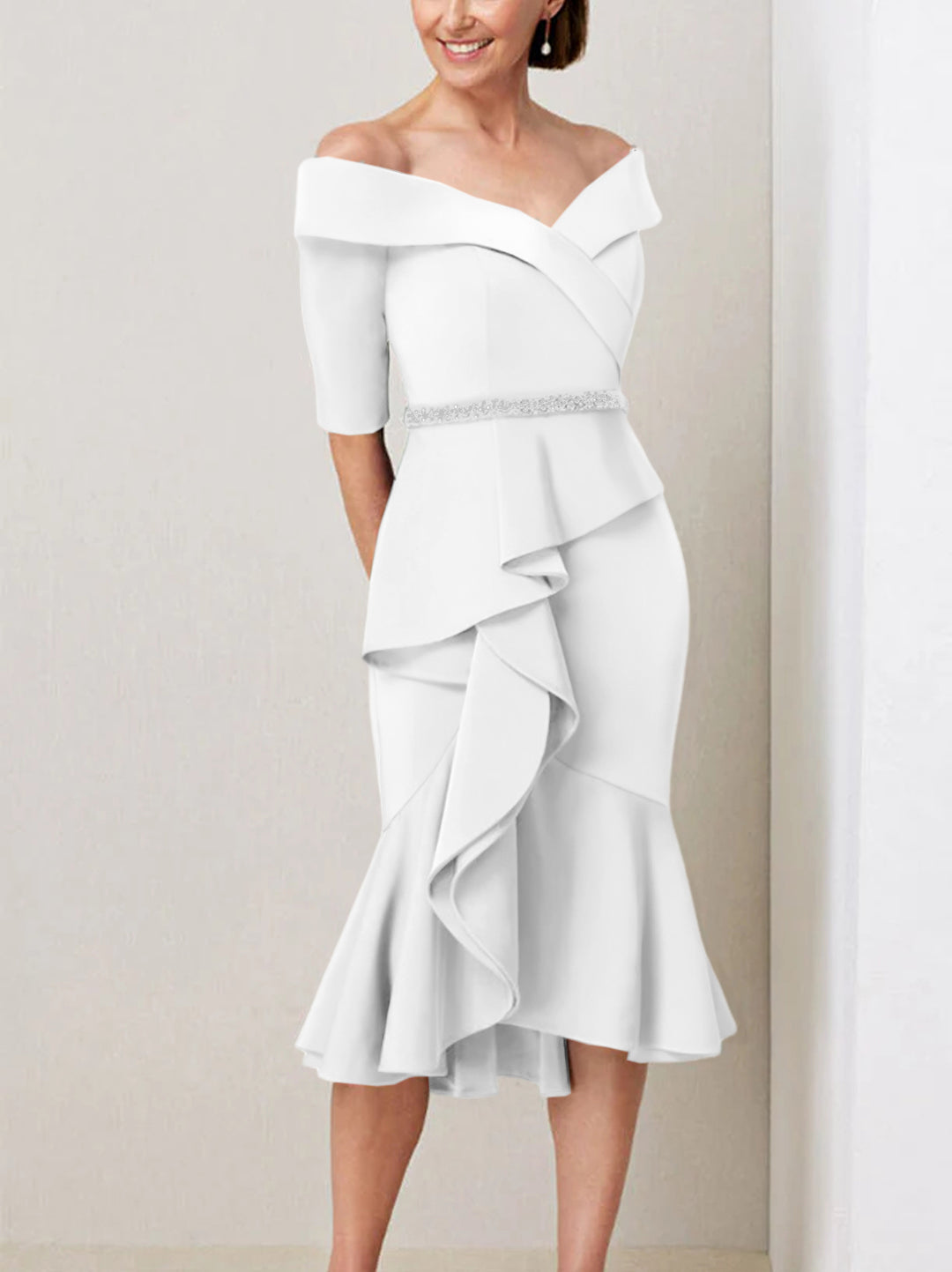 Sheath/Column Off-the-Shoulder Half Sleeves Mother of the Bride Dresses with Beading & Ruffles