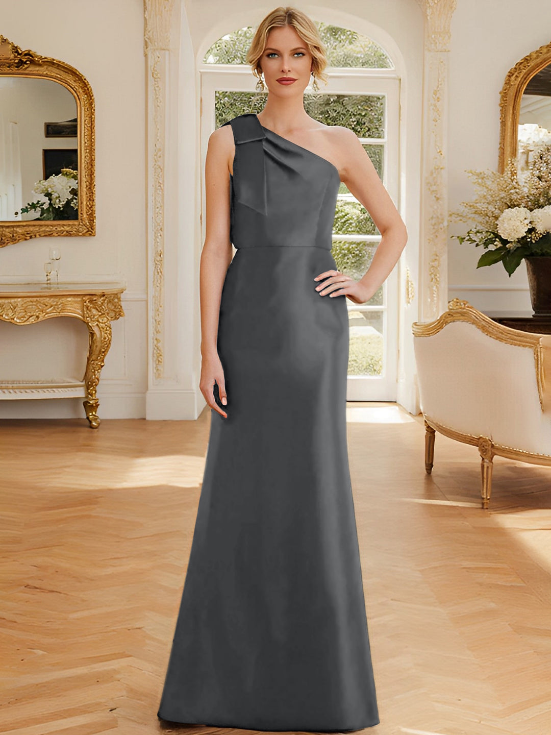 Sheath/Column One-Shoulder Sleeveless Satin Mother of the Bride Dresses with Bowknot