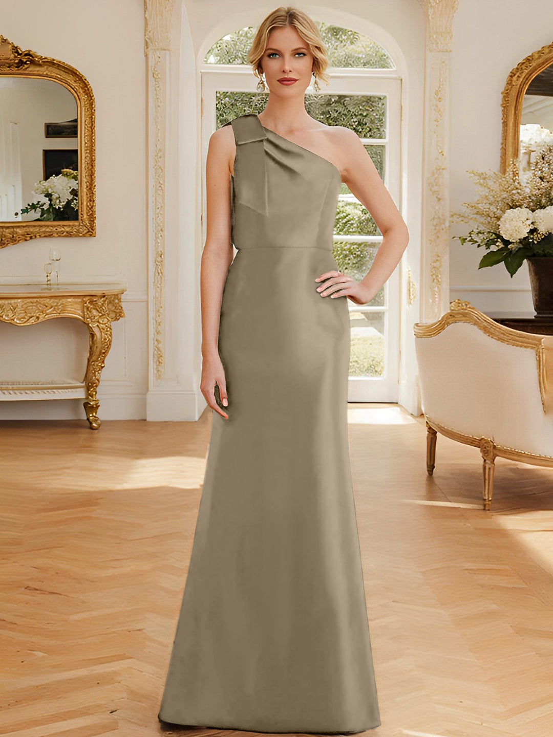 Sheath/Column One-Shoulder Sleeveless Satin Mother of the Bride Dresses with Bowknot