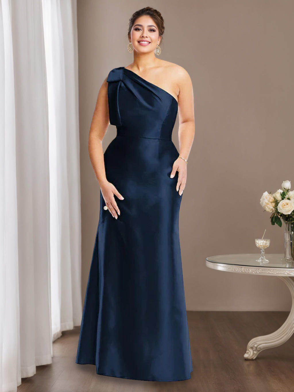 Sheath/Column One-Shoulder Sleeveless Satin Mother of the Bride Dresses with Bowknot