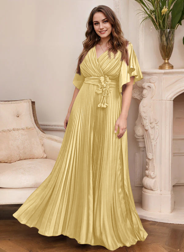 A-Line/Princess V-Neck Short Sleeves Mother of the Bride Dresses with Belt