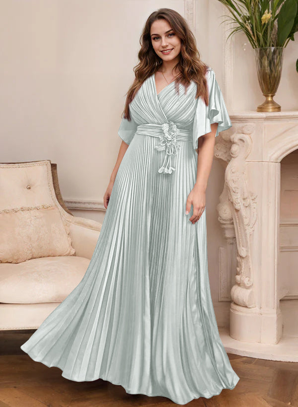 A-Line/Princess V-Neck Short Sleeves Mother of the Bride Dresses with Belt