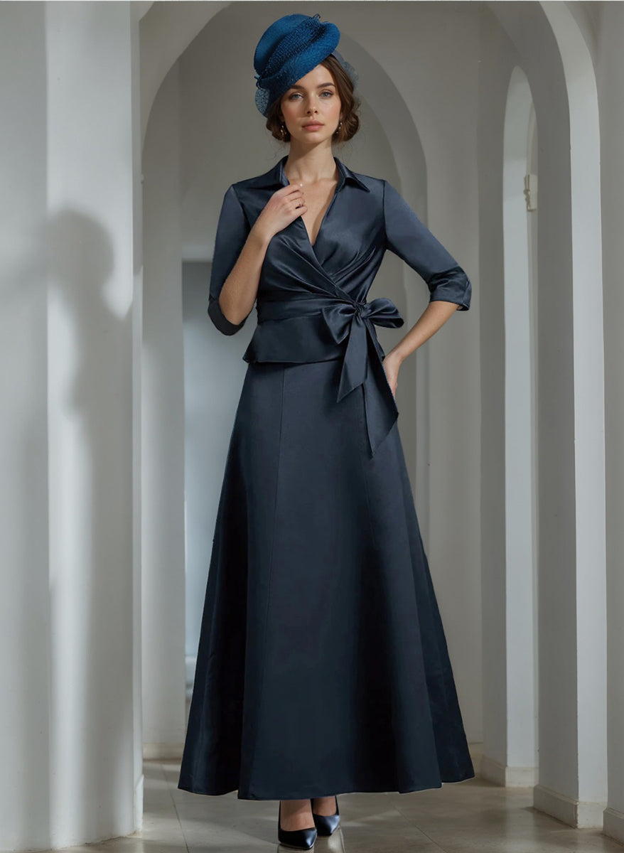 Elegant Satin Mother of The Bride Dresses Women's A-Line/Princess V-Neck Ankle Length Formal Wedding Guest Party Evening Gowns with Bow-Knot, Dark Elegant Satin Mother of The Bride Dresses Women's A-Line/Princess V-Neck Ankle Length Formal Wedding Guest Party Evening Gowns with Bow-Knot, Dark