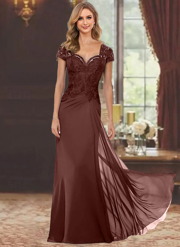 Sheath/Column Sweetheart Short Sleeves Floor-Length Mother of the Bride Dresses with Appliques Lace & Sequins Brown Sheath/Column Sweetheart Short Sleeves Floor-Length Mother of the Bride Dresses with Appliques Lace & Sequins Brown