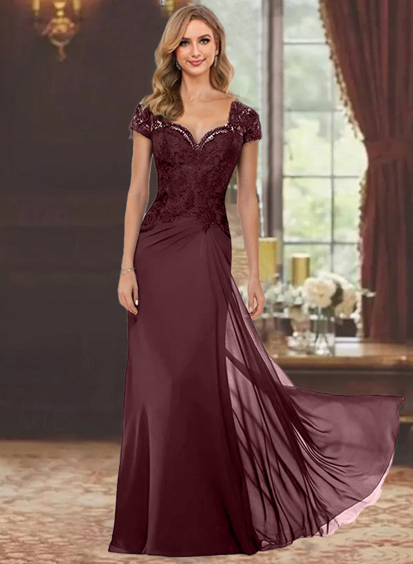 Sheath/Column Sweetheart Short Sleeves Floor-Length Mother of the Bride Dresses with Appliques Lace & Sequins Burgundy Sheath/Column Sweetheart Short Sleeves Floor-Length Mother of the Bride Dresses with Appliques Lace & Sequins Burgundy