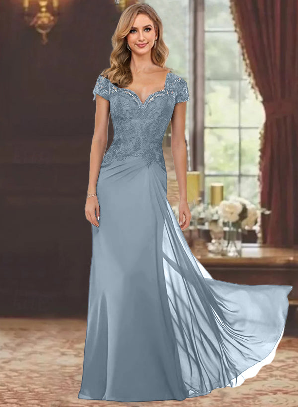 Sheath/Column Sweetheart Short Sleeves Floor-Length Mother of the Bride Dresses with Appliques Lace