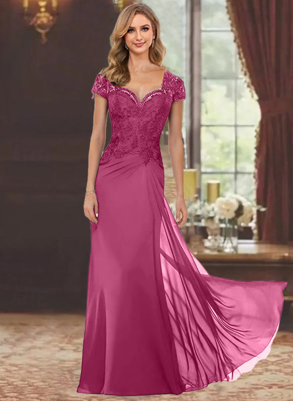 Sheath/Column Sweetheart Short Sleeves Floor-Length Mother of the Bride Dresses with Appliques Lace & Sequins Fuchsia