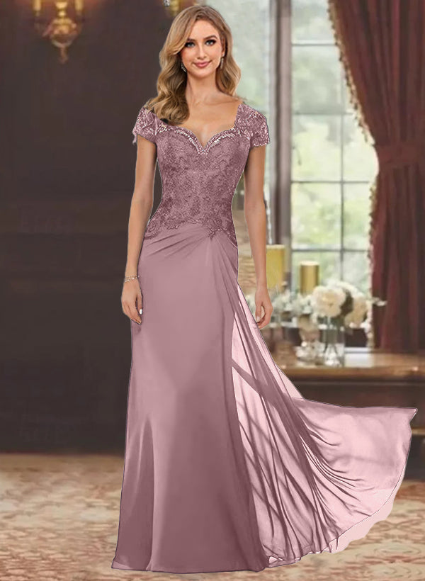 Sheath/Column Sweetheart Short Sleeves Floor-Length Mother of the Bride Dresses with Appliques Lace