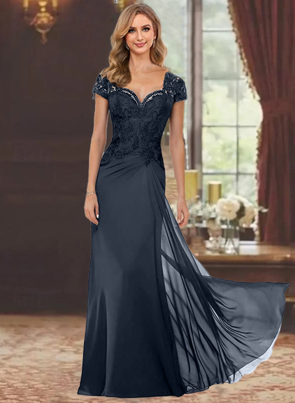 Sheath/Column Sweetheart Short Sleeves Floor-Length Mother of the Bride Dresses with Appliques Lace & Sequins Navy Blue Sheath/Column Sweetheart Short Sleeves Floor-Length Mother of the Bride Dresses with Appliques Lace & Sequins Navy Blue