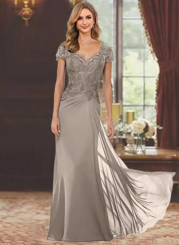 Sheath/Column Sweetheart Short Sleeves Floor-Length Mother of the Bride Dresses with Appliques Lace & Sequins Taupe