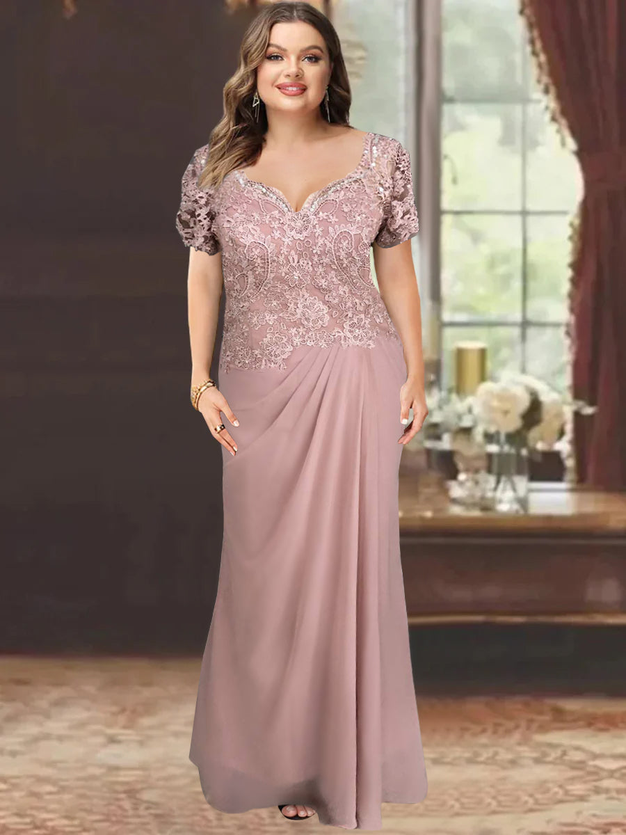 Sheath/Column Sweetheart Short Sleeves Floor-Length Mother of the Bride Dresses with Appliques Lace