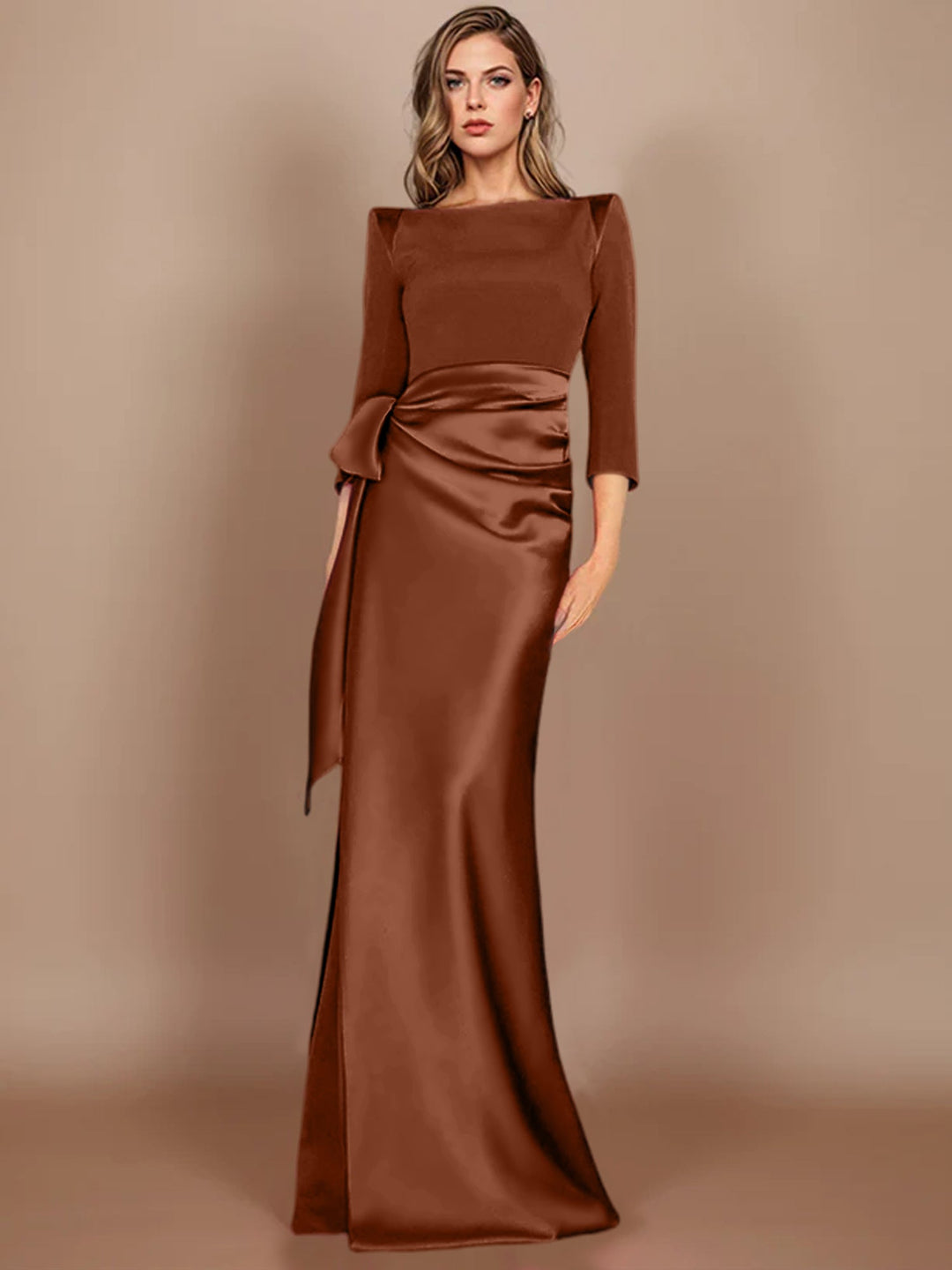 Sheath/Column Scoop 3/4 Length Sleeves Floor-Length Mother of the Bride Dresses with Bow Burnt Orange Sheath/Column Scoop 3/4 Length Sleeves Floor-Length Mother of the Bride Dresses with Bow Burnt Orange